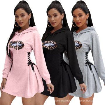 Most Popular 2021 Summer Casual Strap Tie Elastic Waist Ruffed Long Sleeve Short Skirts Hoodie Dress